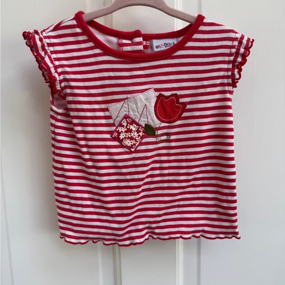 Okie Dokie 3T Red and White Striped Blouse with Ruffle Sleeves and Rose - Picture 1 of 7